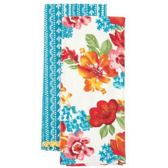Pioneer Woman Wildflower Whimsy Kitchen Towels 2pc White Teal Stripe Floral Gift - Picture 2 of 5